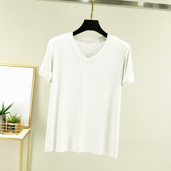 Blczomt Womens Tops under $10 Short Sleeve Summer Plain T Shirts V Neck Loose White Womens Blouses Casual