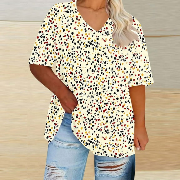 Blczomt Womens Tops Plus Size Loose Fit Polka Dot T Shirts Short Sleeve Casual Beige Summer Womens Spring Blouses
