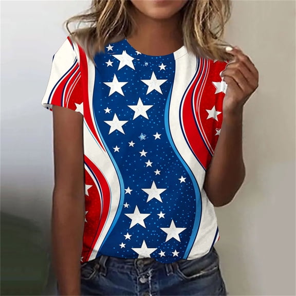 Blczomt Womens Tops Short Sleeve Patriotic Casual T Shirts Independence Day Blue 4th of July Summer Womens T Shirts
