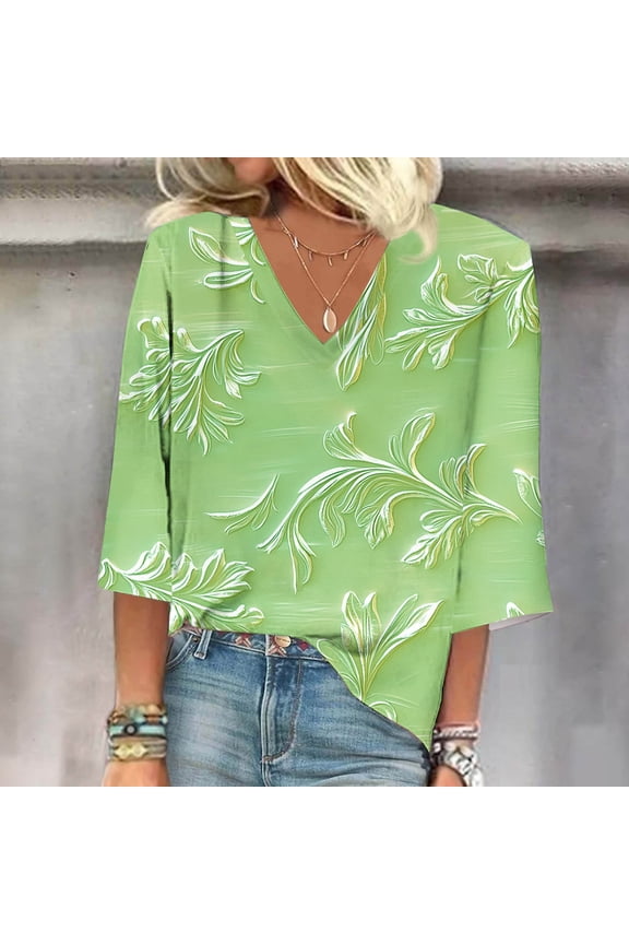 Womens Tops Short Sleeve Spring Summer 3/4 Sleeve V Neck Shirt Casual Dressy Green Formal T Shirts for Women