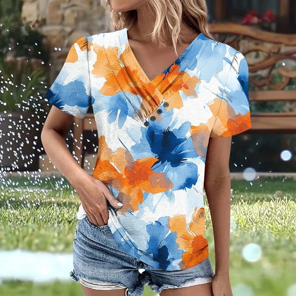 Blczomt Womens Tops Short Sleeve Summer V Neck T Shirt Tie Dye 2025 Orange Floral Shirts Women