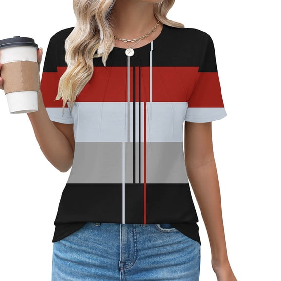 Blczomt Womens Tops Summer Crew Neck Short Sleeve T Shirts Red 2025 Color Block Pullover Ladies Tops