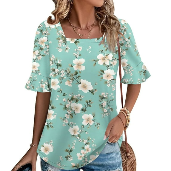 Blczomt Womens Tops Summer Floral Work Dressy Casual Tunic Spring Formal Square Neck Short Sleeve Blouses Women