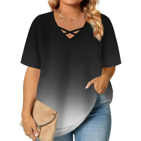 Blczomt Womens Tops Summer V Neck Oversized Tees Black Short Sleeve Plus Size Gradient Womens Plus Size Blouses