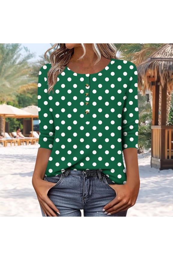 Womens Tops Trendy 3/4 Sleeve Dressy Polka Dot Blouse Green Formal Spring Summer Blouses for Women Casual