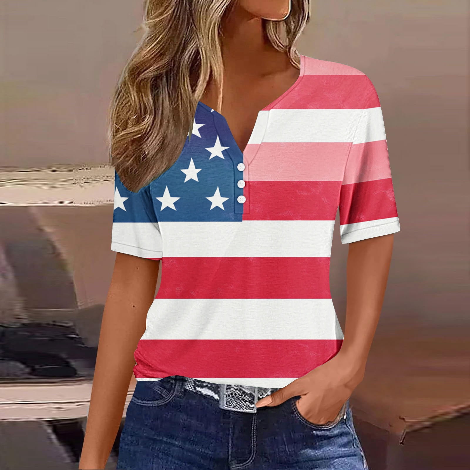 Blczomt Womens Tops Trendy Short Sleeve 4th of July Patriotic V Neck ...
