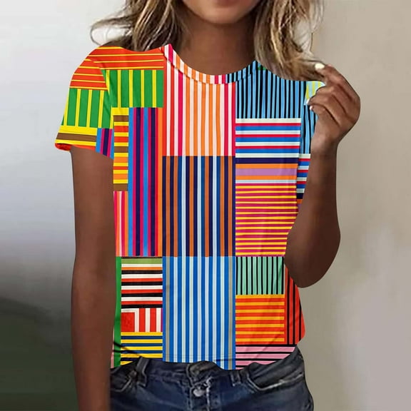 Blczomt Womens Tops Trendy Summer Color Block Crew Neck Tee Casual 2025 Short Sleeve Plus Size Blouses for Women