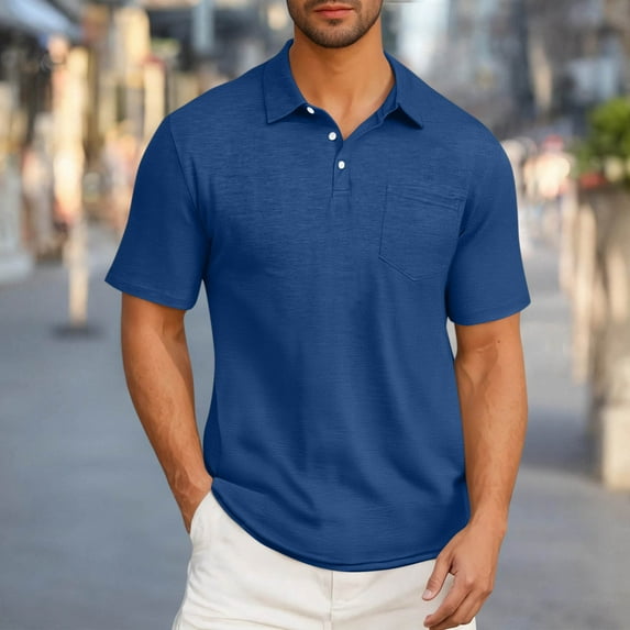 Blczomt Work Mens Big and Tall Shirts Plain Business Polo Shirts Collared Button Blue with Pocket Short Sleeve Men's Fashion