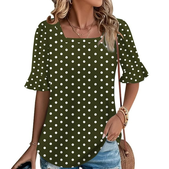 Blczomt Work Womens Spring Tops Dressy Casual Polka Dot Tunic Short Sleeve Square Neck Summer Formal Green Women's Blouses