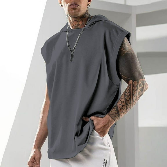 Blczomt Workout Mens Tank Tops Sleeveless Hoodie Running Gym Solid Gray Casual Tank Top