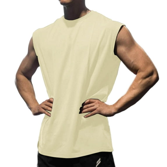Blczomt Workout Tank Tops for Men Big and Tall Muscle Plain Tank Shirts Sleeveless Round Neck Athletic Yellow Tops