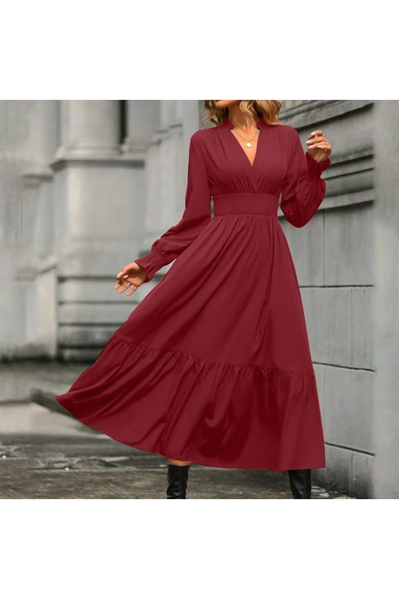 Wrap Women's Dress Long Sleeve Red Flowy Plain A Line Maxi Elegant V Neck Dress