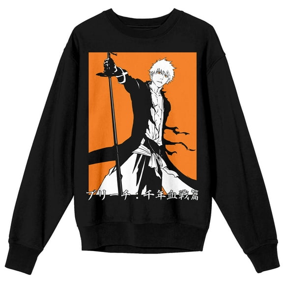 Bleach 100 Year Blood War Ichigo On Orange Background Crew Neck Long Sleeve Black Adult Sweatshirt-Medium
