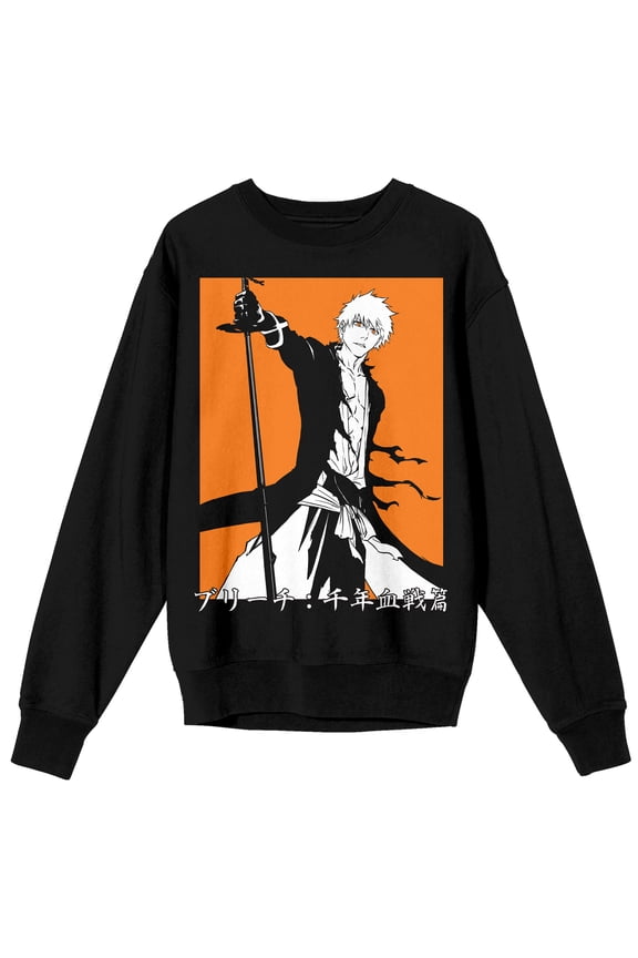 Bleach 100 Year Blood War Ichigo On Orange Background Crew Neck Long Sleeve Black Adult Sweatshirt-XXL