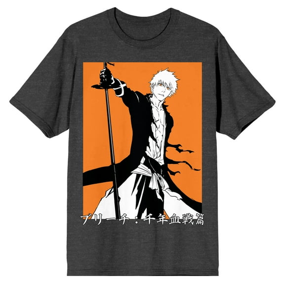 Bleach 1000 Year Blood War Ichigo On Orange Background Crew Neck Short Sleeve Charcoal Heather Men's T-shirt-XXL