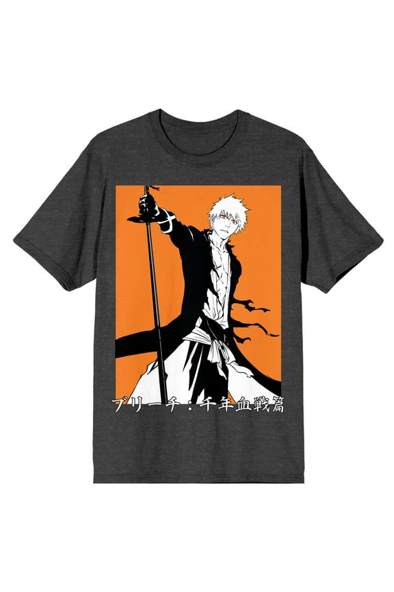 Bleach 1000 Year Blood War Ichigo On Orange Background Crew Neck Short Sleeve Charcoal Heather Men's T-shirt-XXL