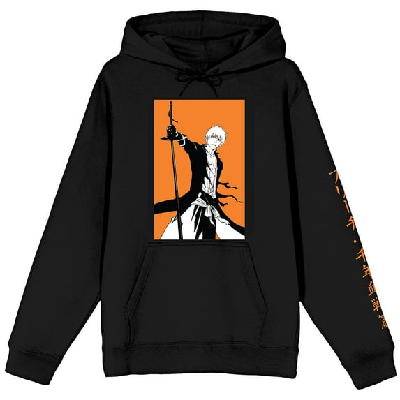 Bleach 1000 Year Blood War Ichigo Orange Background Adult Black Hooded Sweatshirt-Medium