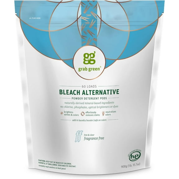 Bleach Alternative Pods, 60 Count, Chlorine Free, Fragrance Free, Plant and Mineral Based, Laundry Booster to Brighten Whites, Removes Stains, Neutralizes Odors