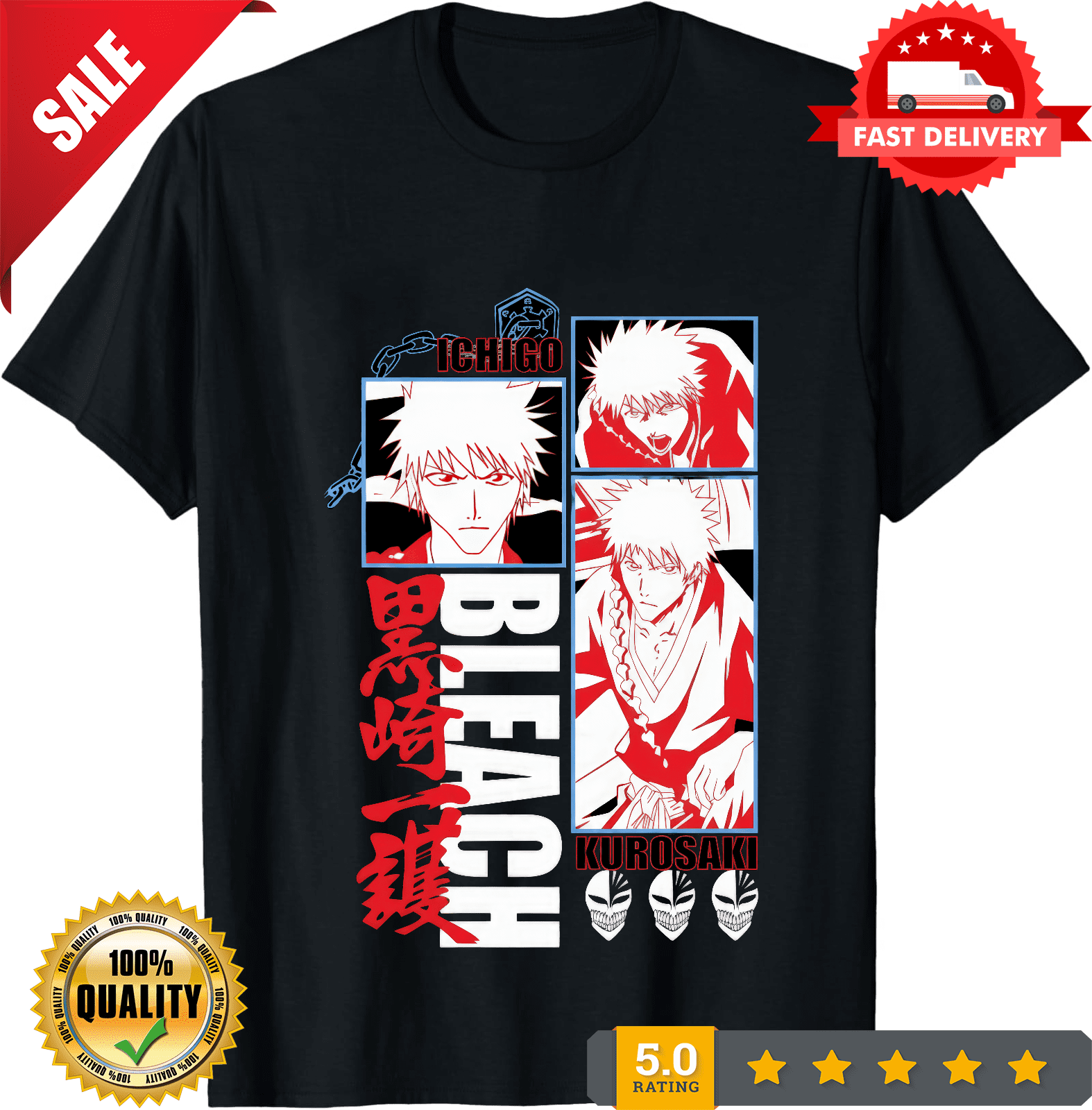 T-shirt Bleach Anime Pour Homme – 100% Coton, Tailles S à XXXL – Neuf Sans étiquettes