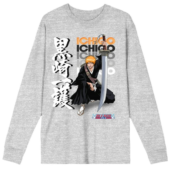 Bleach Ichigo Kanji Name and Logo Men's Athletic Heather Gray Long Sleeve Shirt-Medium