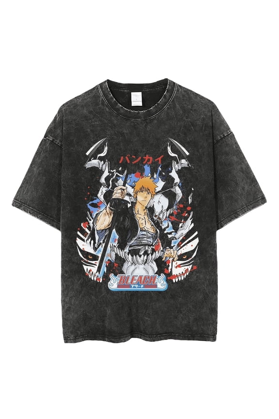 Bleach Men's Cotton Summer T-Shirts Vintage Tee Loose Fit Short Sleeve Casual Tshirts for Men Women 3XL