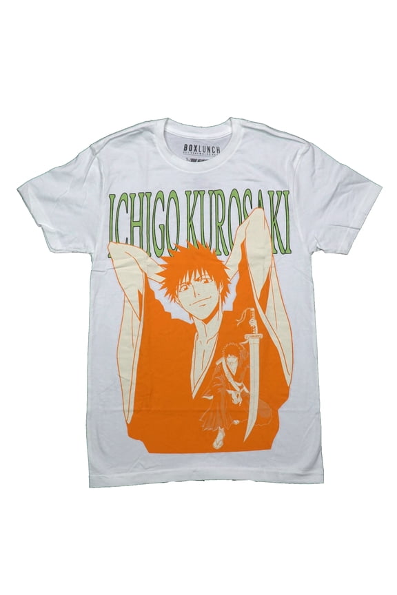 Bleach  Mens T-Shirt - Ichigo Kurosaki Orange Kneeling w/ Sword & Stretch