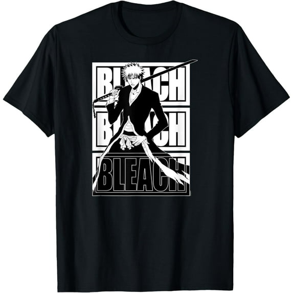Bleach Repeating Logo Ichigo Kurosaki Anime T-Shirt Cotton Short Sleeve Crew Neck Soft Classic T-shirt