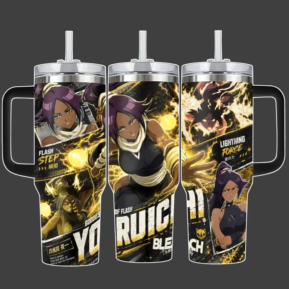 Bleach Yoruichi Shihin Lightning Flash Step Anime Tumbler Cup, Black Gold Full Wrap Stainless Steel Insulated /40oz With Straw Lid Included, 40oz Handle Option