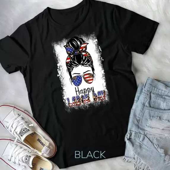 Bleached American Flag Happy Labor Day Messy Bun Hair T-Shirt Unisex S-5XL Hot Trending Shirt, Vintage Birthday Gift