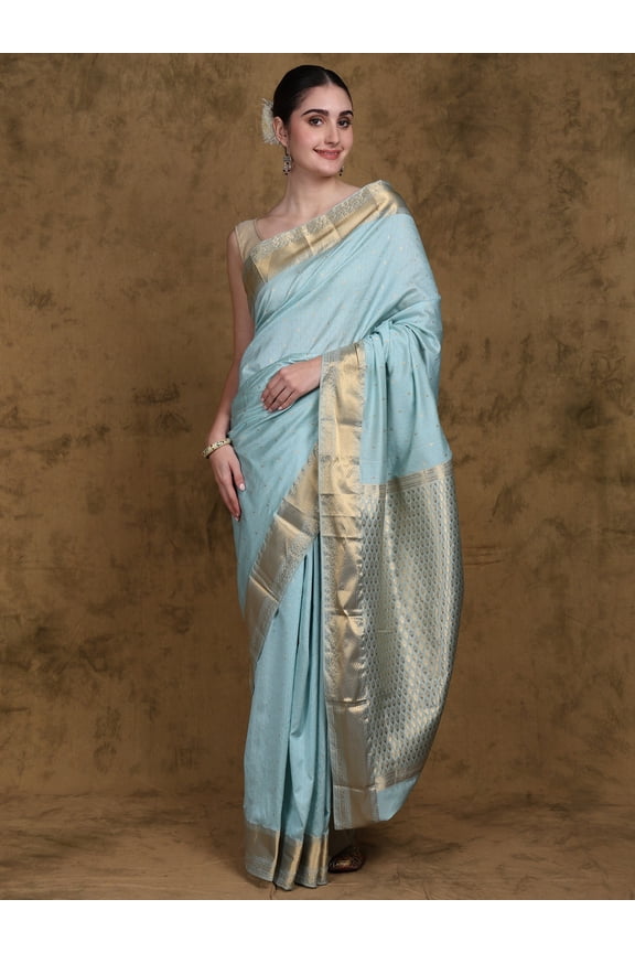 Bleached-Aqua Zari work Pure Silk Saree with Stripe Border from Bangalore