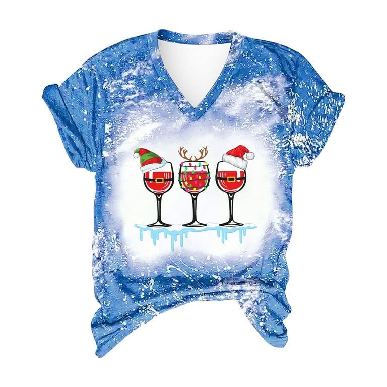 Bleached Distressed Christmas Tops Loose Short Sleeve V Neck Shirts Tie Dye Wine Glass Graphic Tunic Vintage T Shirt Light Blue Large