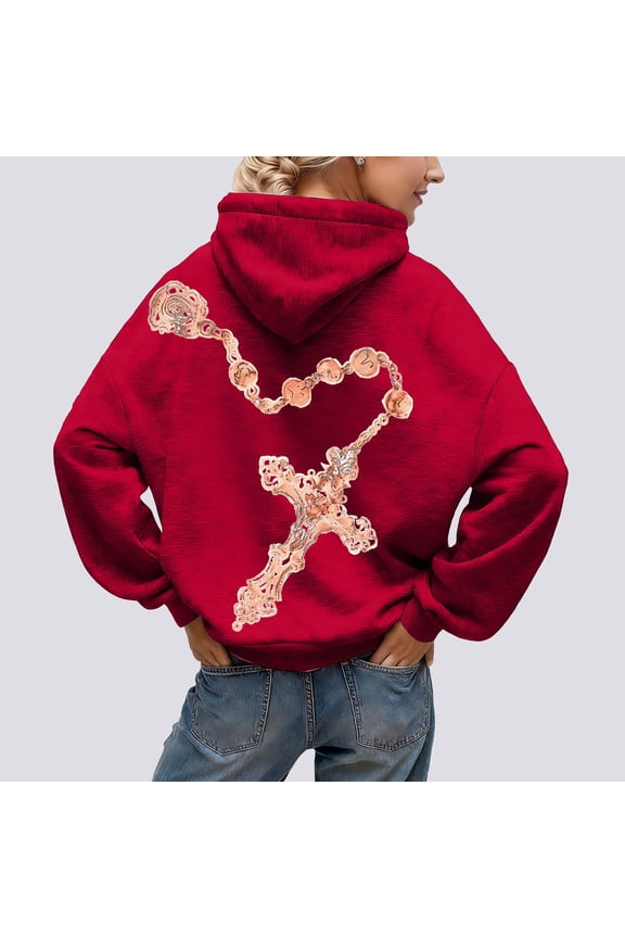 Bleached Hoodie for Women Graphic Cross Print Long Sleeve Pullover, Y2K Oversized Hoodies 2026 Outfits, Soft Fleece Lined Casual Sweatshirt with Kangaroo Pocket(Red,XL)