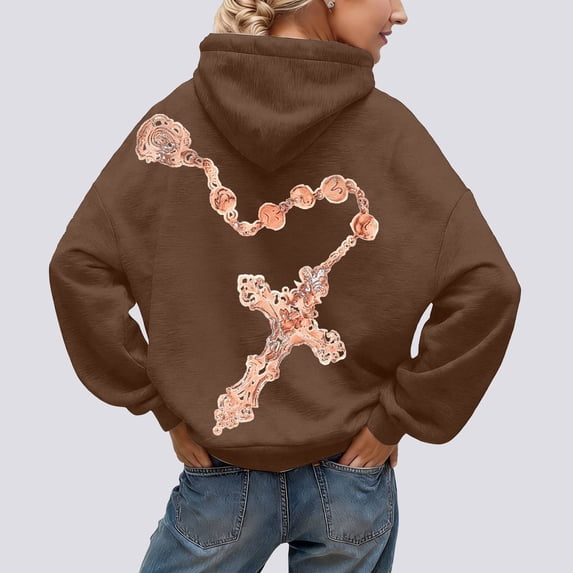 Bleached Hoodie for Women Graphic Cross Print Long Sleeve Pullover, Y2K Oversized Hoodies 2026 Outfits, Soft Fleece Lined Casual Sweatshirt with Kangaroo Pocket(Coffee,S)
