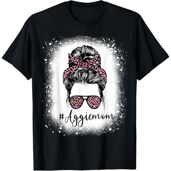Bleached Leopard Pink Aggie Mom Life Messy Bun Mothers Day T-Shirt