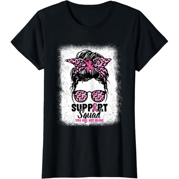 Bleached Messy Bun Support Squad Breast Cancer Awareness T-Shirt