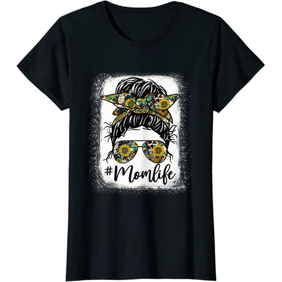 Bleached Mom Life Sunflower Mom Life Leopard Messy Bun T-Shirt