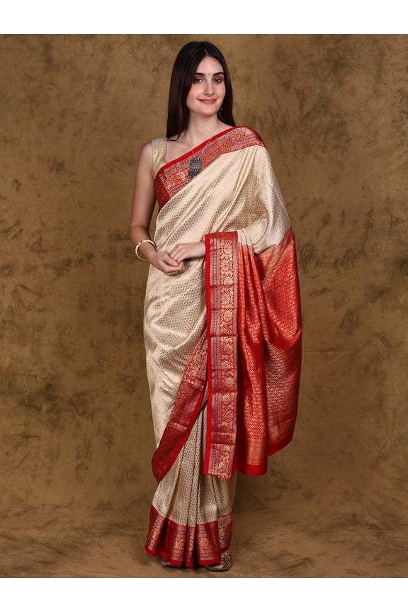 Bleached-Sand Pure Silk Handloom Saree from Bangalore with All-Over Intricate Zari Bootis and Floral Vine Red Border