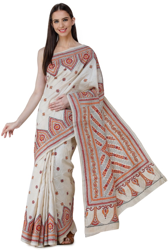 Bleached-Sand Pure Silk Saree from Bengal with Kantha Hand-Embroidered Flowers and Heavy Pallu
