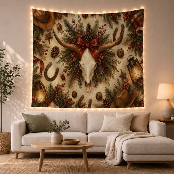 Bleached Skull with Red Bow on Parchment, Cozy Nostalgic Rustic for Western Fans, Rustic Western Wall Art, Housewarming Gift Tapestry Wall Hanging for Bedroom and Living Room