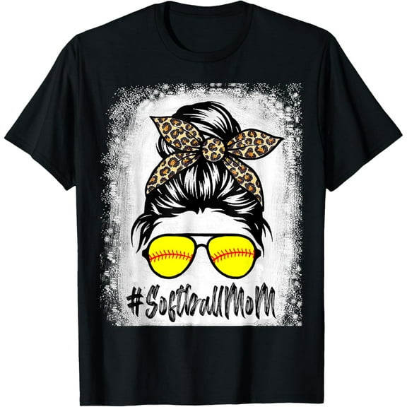 Bleached Softball Mom Life With Leopard and Messy Bun Player T-Shirt