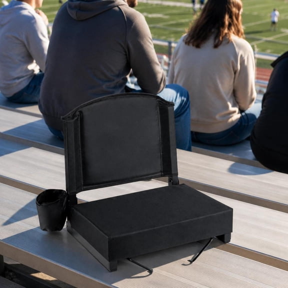Bleacher Chair, portable folding design, thick padded cushion, removable shoulder strap, built-in cup holder, black