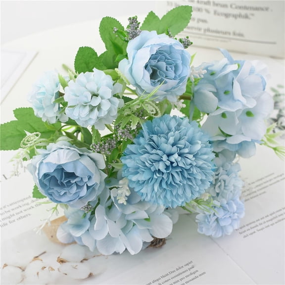 Blecry Artificial Peony Flower Blue 7 Heads, Silk Fake Flowers for Wedding Bouquet, Home Vase Filler, Party Decor, 7 Branches