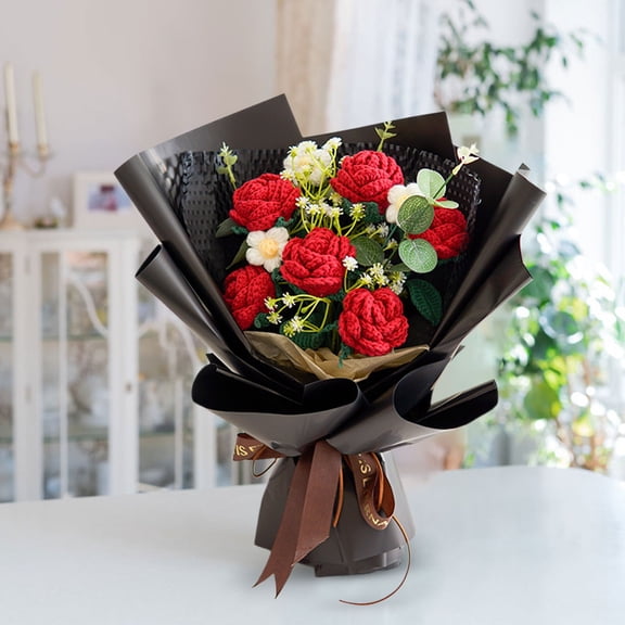 Blecry Hand-Knitted Yarn Bouquet,Hand Woven Wool Bouquets Finished Sunflowers Teachers' Day Bouquets Knitted Artificial Flowers