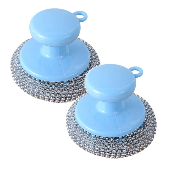Blecry Stainless Steel Pot Scrubber 2 Pack, Short Handle Metal Sponge for Kitchen Cleaning, Blue