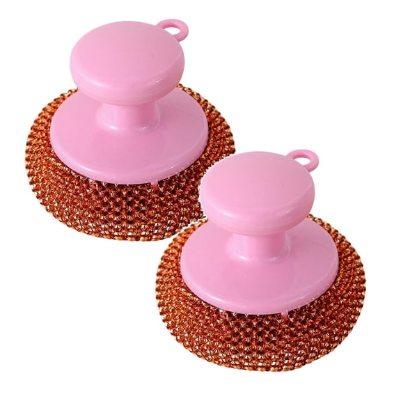 Blecry Stainless Steel Pot Scrubber 2 Pack, Short Handle Metal Sponge for Kitchen Cleaning, Pink