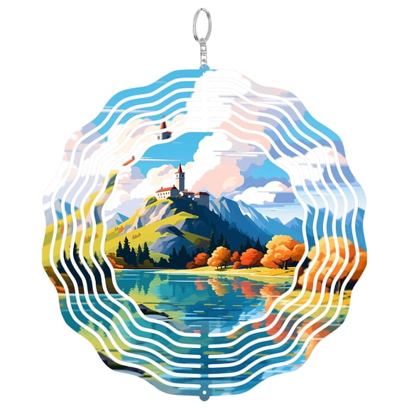 Bled Castle Slovenia 3D Wind Spinner Laser Cut Metal Hanging Ornament Patio Decor Lake Bled Fairy Tale Gift
