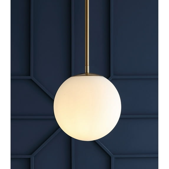 JONATHAN Y Bleecker 7.75" Metal/Glass Globe LED Pendant, White/Brass