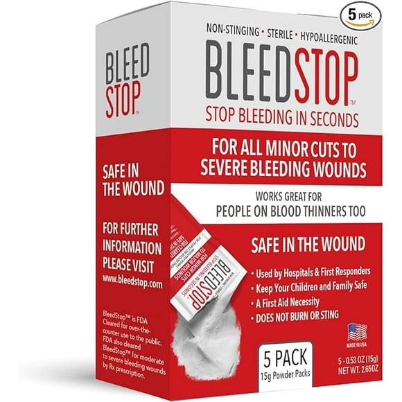 BleedStop First Aid Powder for Blood Clotting, Trauma Kit, Blood Thinner Patients, Camping Safety, and Survival Equipment for Moderate to Severe Bleeding Wounds or Nosebleeds 5 Pack 15g