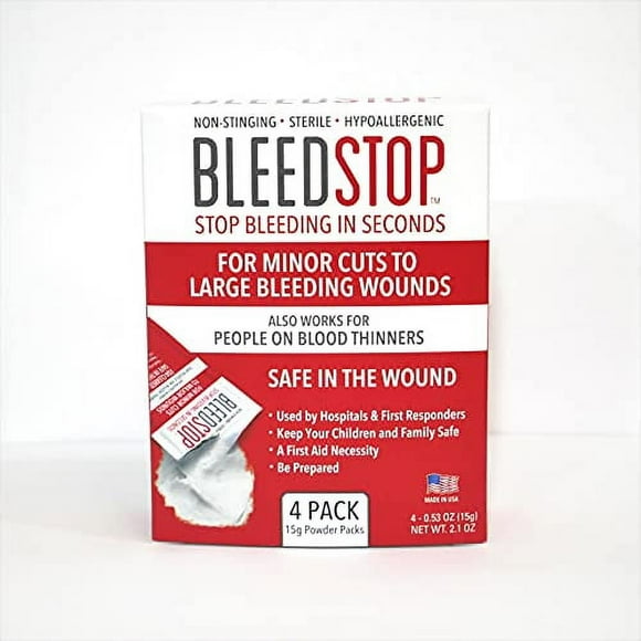 BleedStop First Aid Powder for Blood Clotting, Trauma Kit, Blood Thinner Patients, Camping Safety, and Survival Equipment for Moderate to Severe Bleeding Wounds or Nosebleeds - 4 (15g) Po