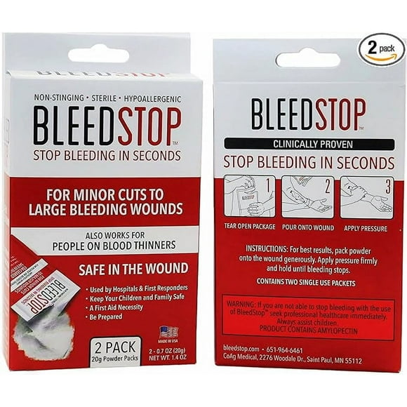 BleedStop First Aid Powder for Blood Clotting, Trauma Kit, Blood Thinner Patients, Camping Safety, and Survival Equipment for Moderate to Severe Bleeding Wounds or Nosebleeds - 4 (20g) Pouches
